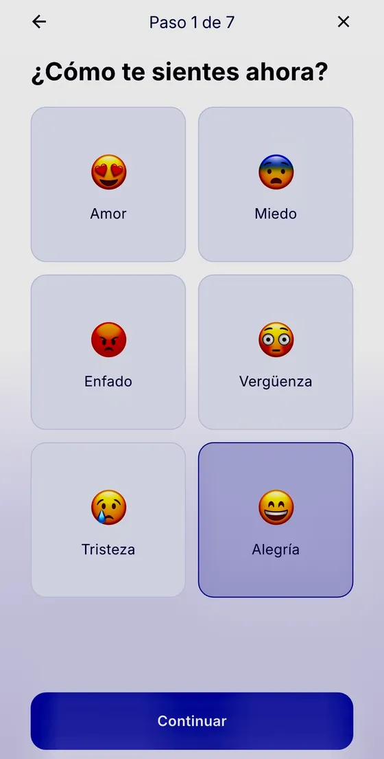 Pantalla de registro de emociones de MindLogs: ¿Cómo te sientes ahora?