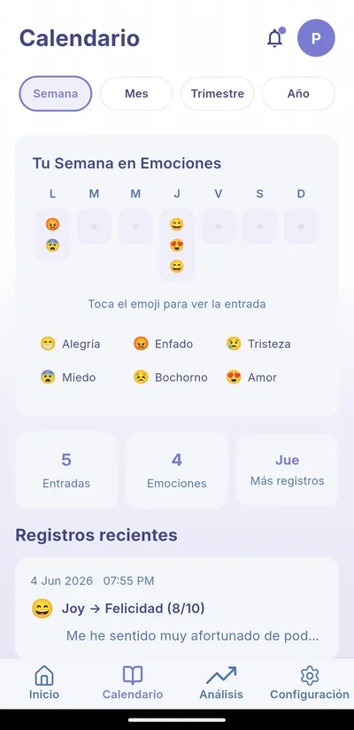 Calendario emocional de MindLogs: la semana en emojis de emoción y la racha actual