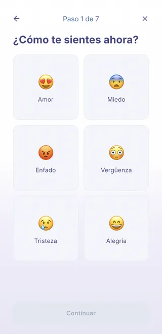 Pantalla de MindLogs, paso 1 de 7: elige entre seis emociones cómo te sientes ahora
