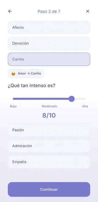 Pantalla de MindLogs, paso 2 de 7: el sentimiento concreto y su intensidad, 8 sobre 10