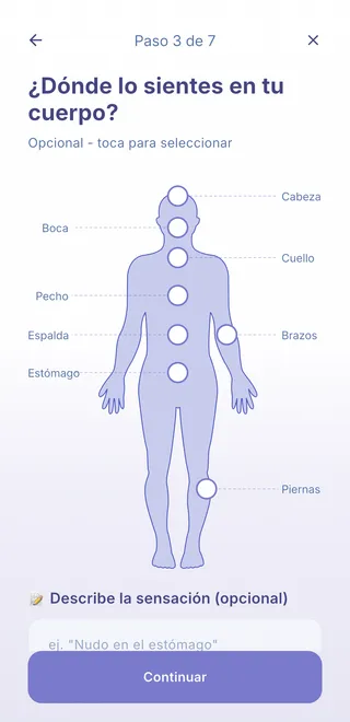 Pantalla de MindLogs, paso 3 de 7: mapa corporal para localizar dónde sientes la emoción